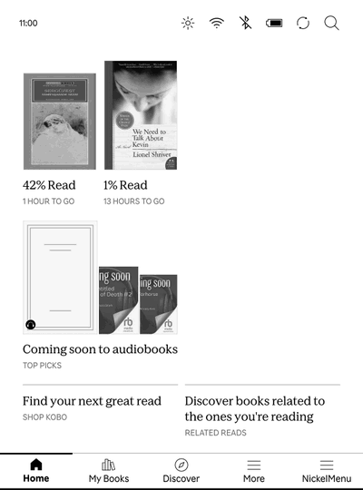 A Kobo screen: searching for Ulysses, tapping Download, the book appearing in My Books