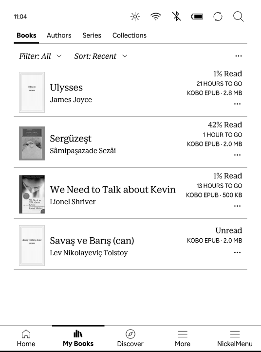 The Kobo's My Books list with Ulysses by James Joyce at the top