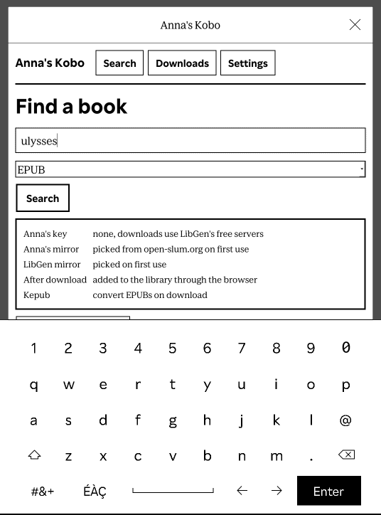 The search page on the Kobo with 'ulysses' typed in and the on-screen keyboard open